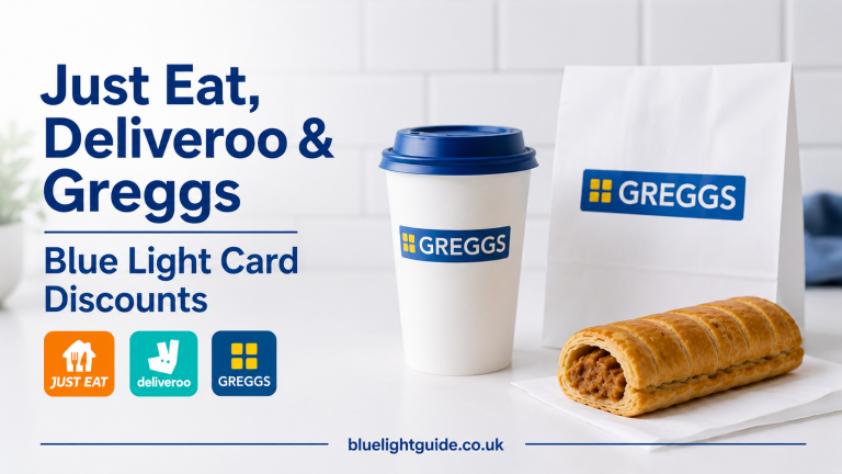 Blue Light Card discount featured image showing Greggs takeaway items, coffee cup
