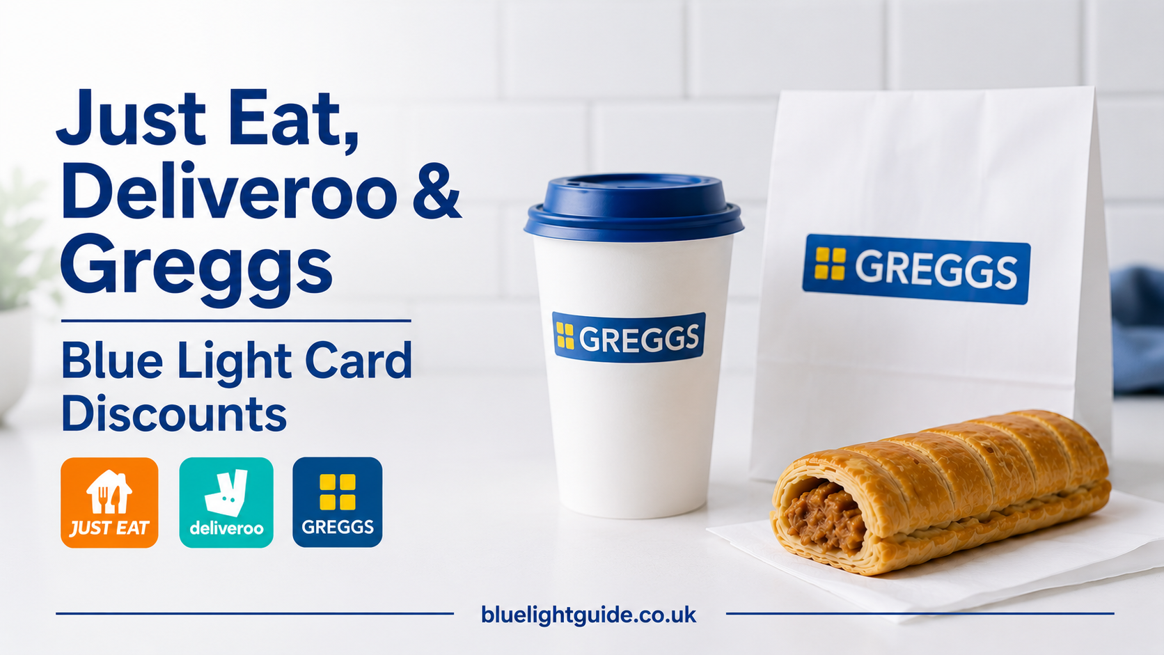 Blue Light Card discount featured image showing Greggs takeaway items, coffee cup