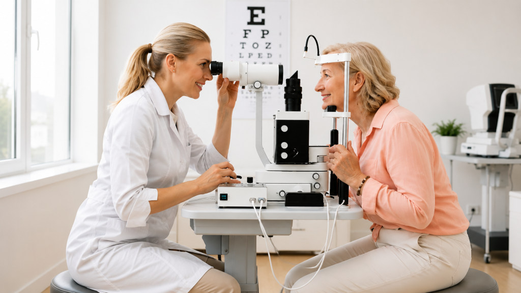 Routine eye examination at an optician
