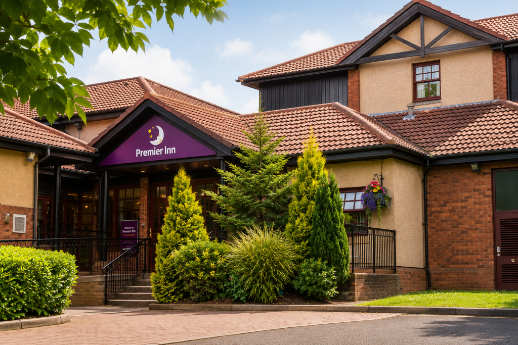 Premier Inn hotel exterior with landscaped entrance.