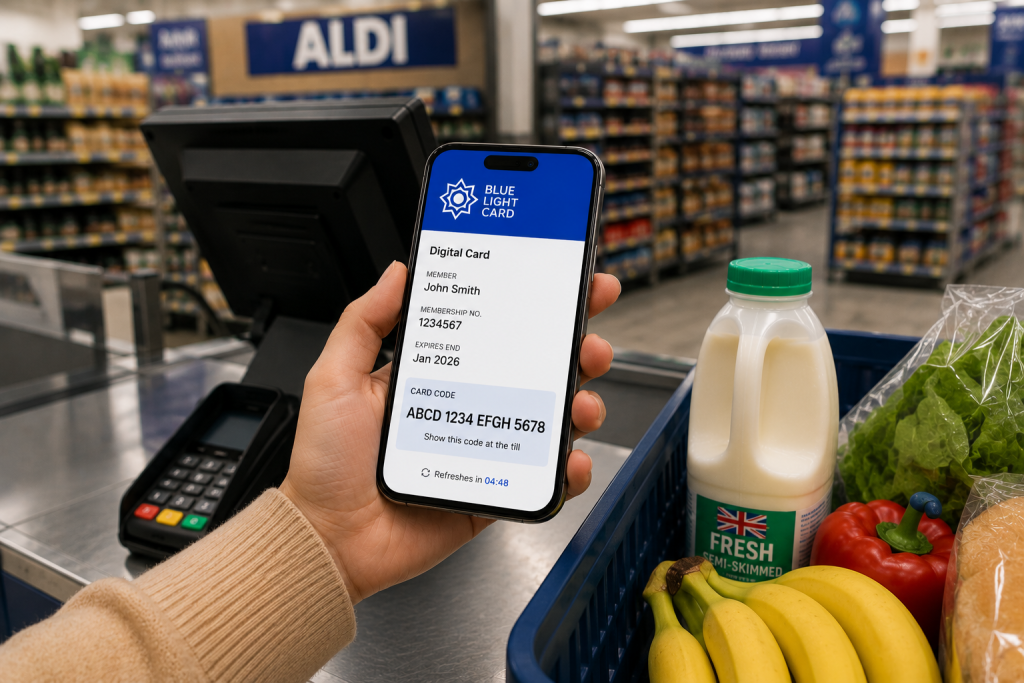 blue light card checkout via app
