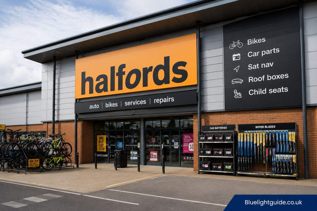 Halfords Storefront with Bikes and Car Parts